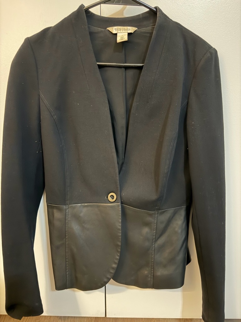 White House Black Market Black Open Blazer with Leather-Trim